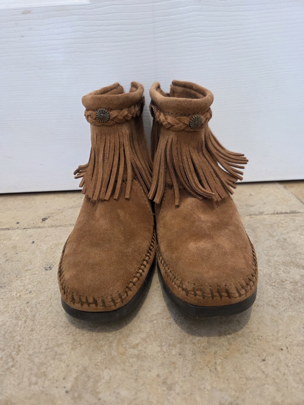 Minnetonka Fringe Suede Ankle Boots - Chestnut Brown